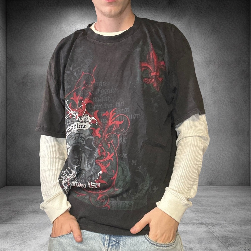 Vintage Y2K MMA Elite Skull Graphic T-Shirt Faded Black Boxy XL Skater Grunge